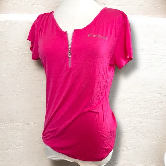 Bebe Pink Zippered Women's Top T-Shirt Y2K rhinestone M - Picture 1 of 5